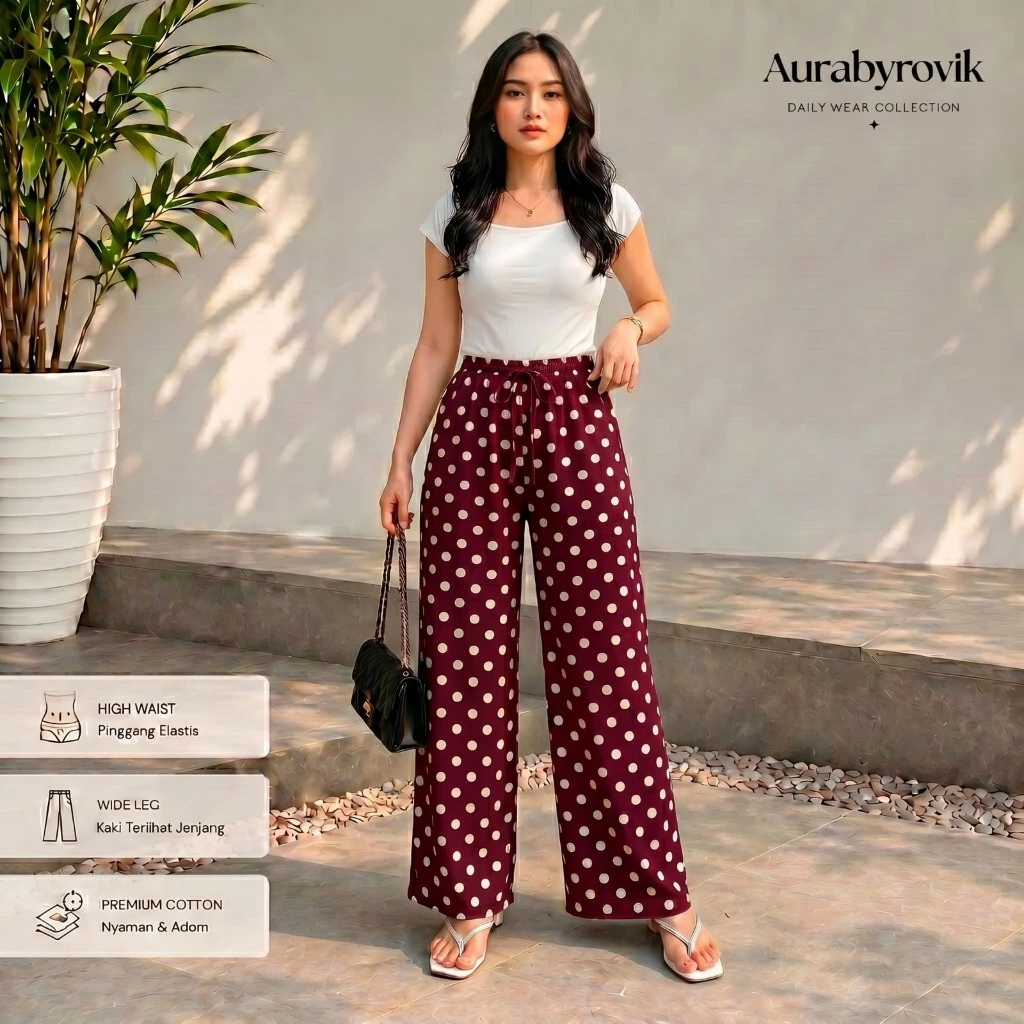 Everyday Pants - Strip Pants Motif Polkadot - Celana Panjang Wanita Baggy Kantor Kuliah - Kulot Pinstripe Wanita